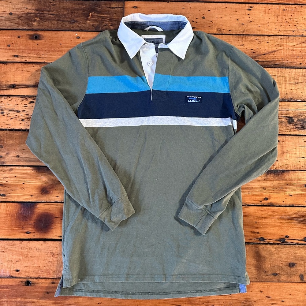 L.L. Bean Men's Olive and Navy Long Sleeve Rugby Shirt